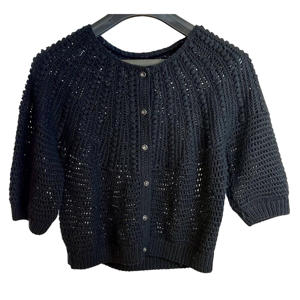 Ann Taylor Merino wool SOFT black 3/4 sleeve jewel button sweater velvet Trim L